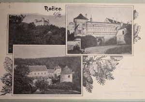 Zámek Račice - pohlednice zámku, předzámčí a parku